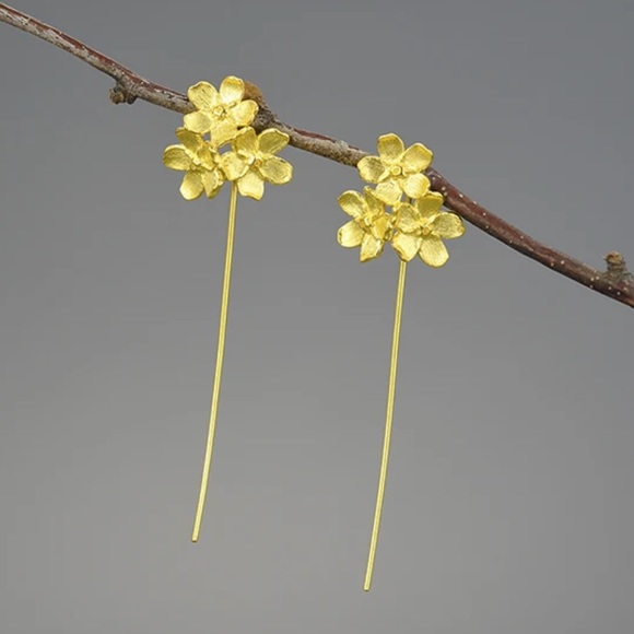 Artisan Handmade 925 Sterling Silver Gold Flower Earrings - Picture 5 of 6